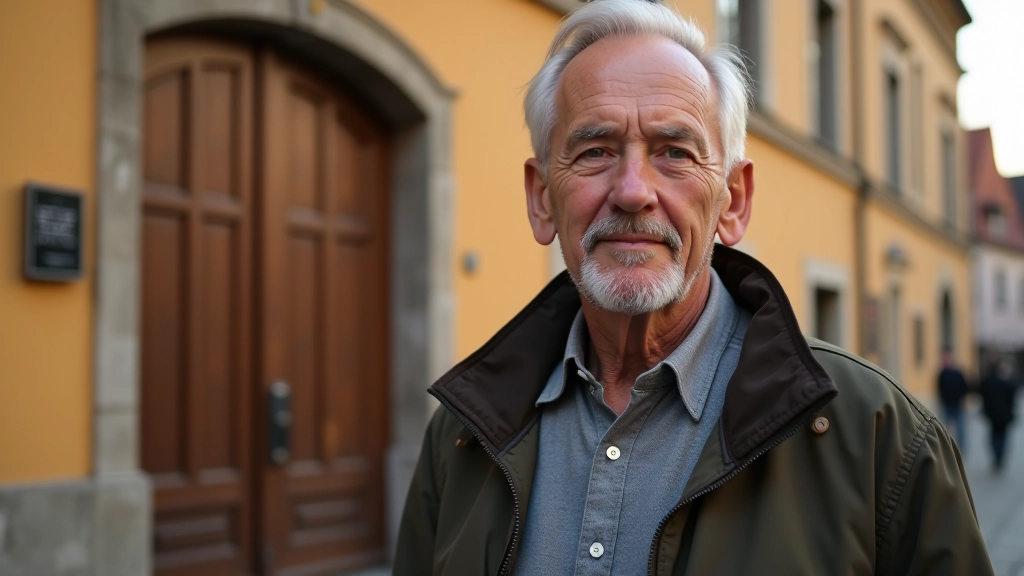 Senior muž na historické budově Plzeňského pivovaru s tradičním českým architektonickým stylem